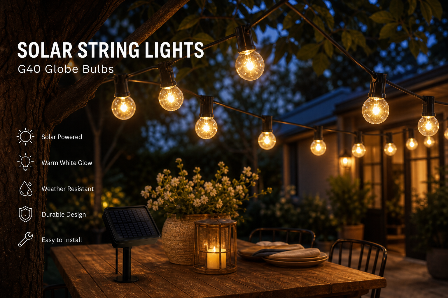 Solar Powered G40 Globe String Lights 10m 25 Bulbs