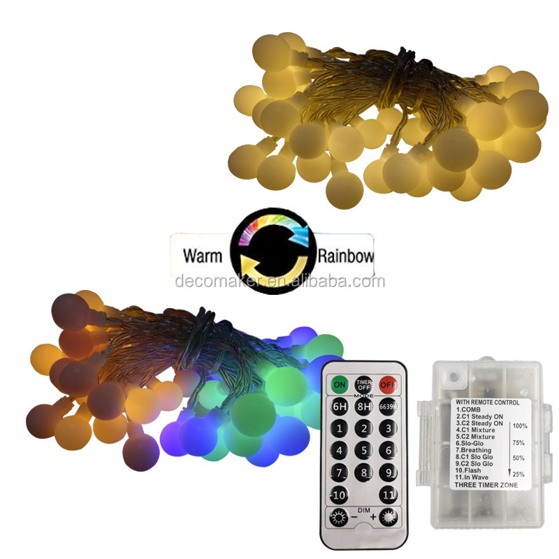 3 Times+4 Dimmer+11 Function battery box powered, warm white multicolor changing 3D WRGB PP ball string light