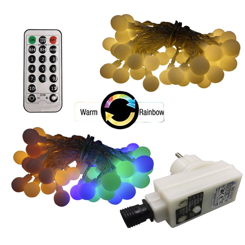 3 Times+4 Dimmer+11 Function transformer powered, warm white multicolor changing 3D WRGB PP ball string light