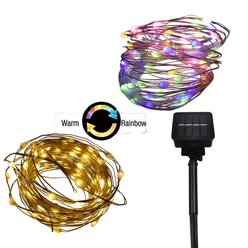 11 Function solar panel powered, warm white multicolor changing 3D WRGB copper wire string light